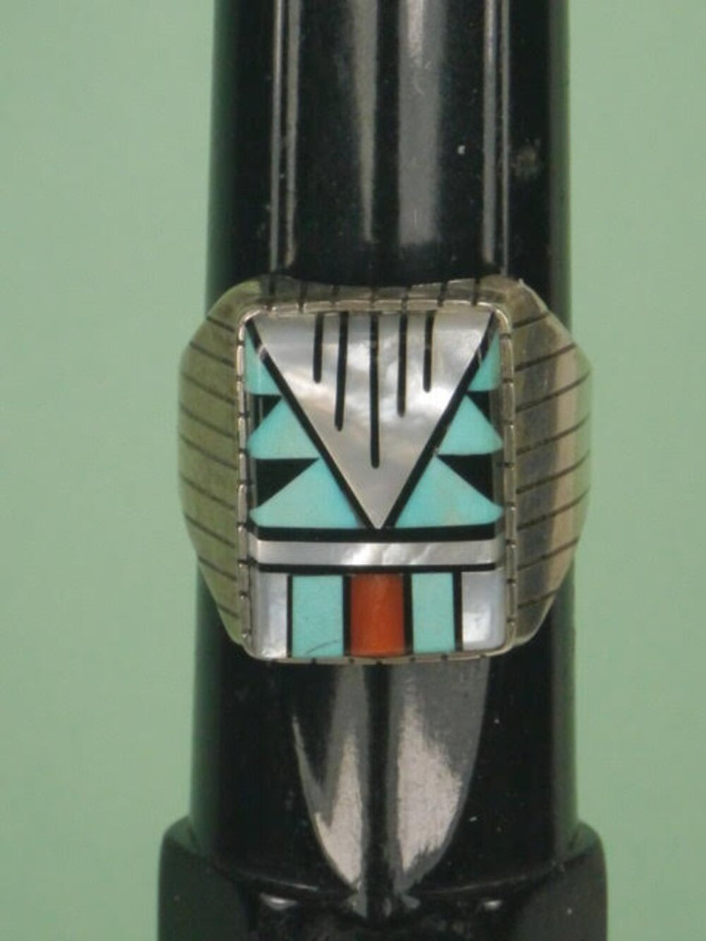 Vintage Unisex Zuni Inlay Turquoise Jet Coral MOP Sterling Silver Ring Size 12